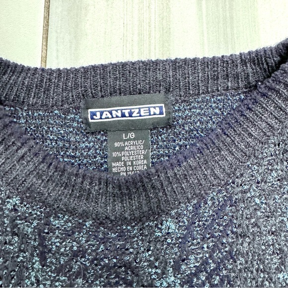 Jantzen L Sweater Blue Textured Zigzag Stripes Vintage - Picture 2 of 6